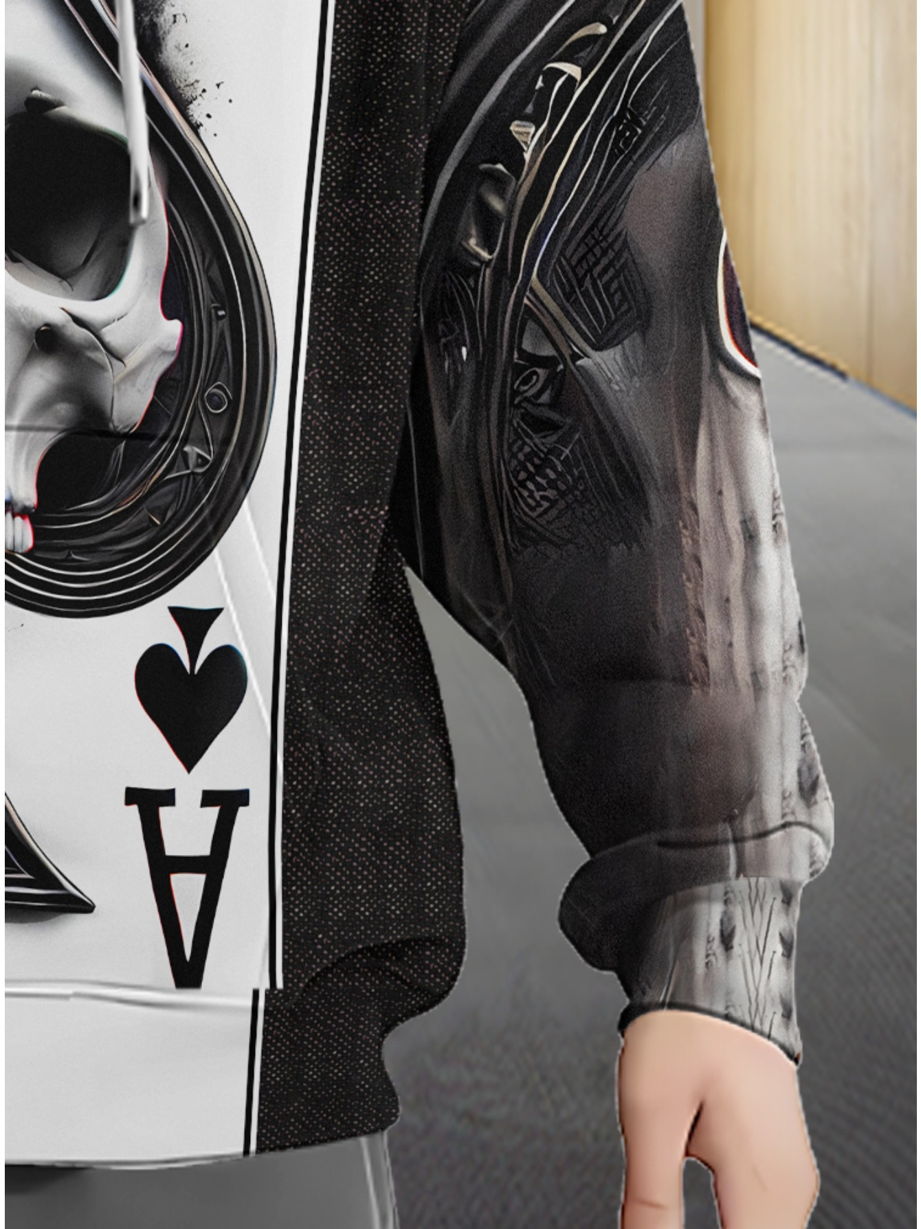 Men'S Ace of Spades Skull Graphic Hoodie - Black & White Print, Soft Polyester Zip-Up Pullover for Casual Wear, Outdoor Activities, and Daily Use, Hoodie for Winter, Autumn Fashion, Durable Fabric - Image 6
