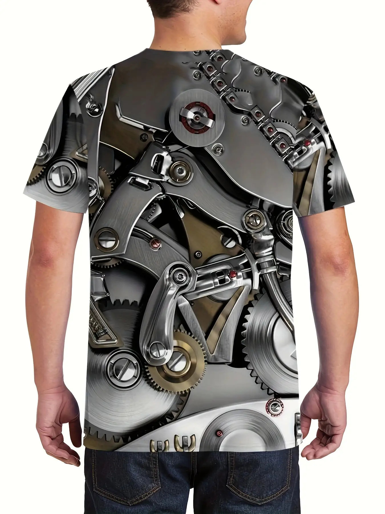 Men'S 3D Mechanical Gear Engine T-Shirt - Steampunk Style Interlocking Gears & Gears Print, Breathable Blend Fabric, Loose Fit Casual Crew Neck Short Sleeve, Lightweight & Machine Washable, Automotive & Engineering Enthusiast Apparel - Image 3