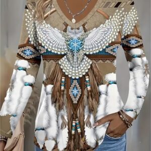 25-year-old Women'S Autumn and Winter New Collection: Ethnic Style Owl Print Fleece Fabric Long-Sleeve T-Shirt | Casual V-Neck, Cold Weather Short-Sleeve Version, Long-Sleeve Undershirt, Owl Pattern Design, Machine Washable