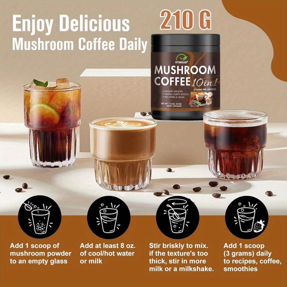 Mushroom Coffee Blend Powder - A Quick Coffee Mix Featuring Ganoderma Lucidum, Cordyceps Sinensis, Lion'S Mane, Birch Brown Pore, And Chanterelle Mushrooms, Perfect for Gifting. - Image 2