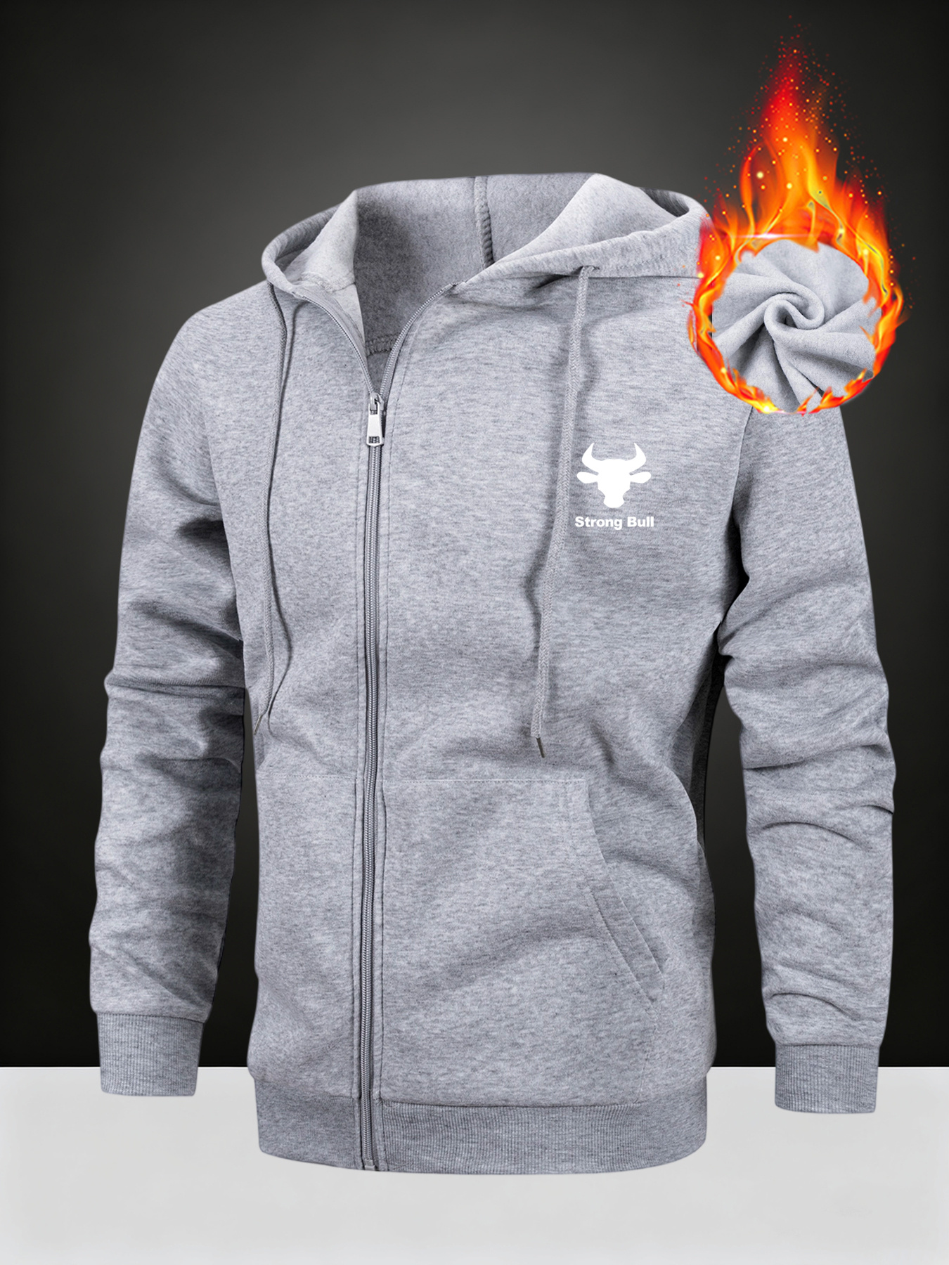 Men'S Heavy-Duty Thermal Hooded Jacket with Bull Print & Bull Horns - Full-Zip Winter Coat, Full-Zip Front Closure, Full-Zip Hooded Design, Machine Washable Cold Weather Outerwear For Hiking, Camping, Everyday - Ideal For Outdoor Activities & Casual - Image 3