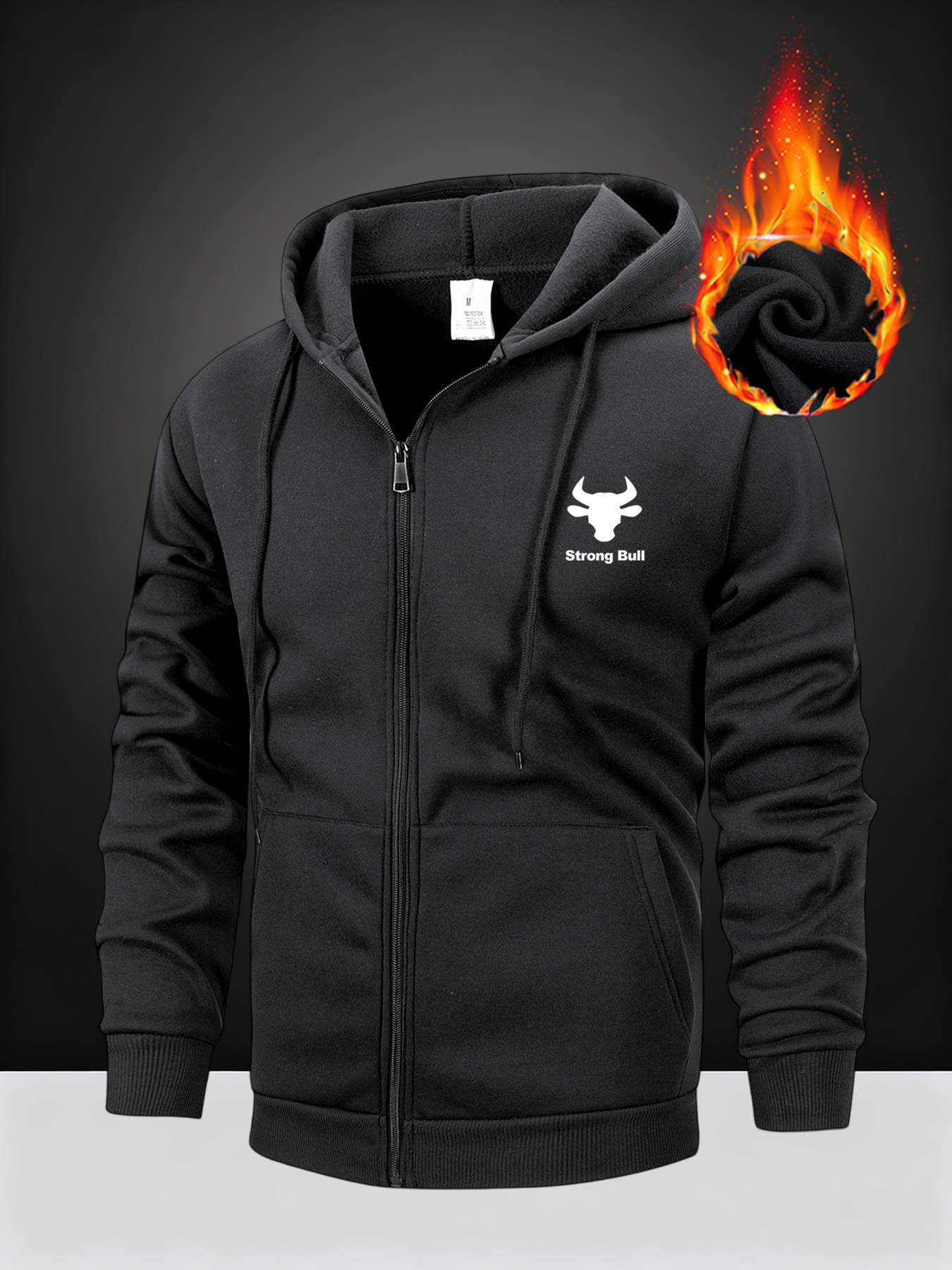 Men'S Heavy-Duty Thermal Hooded Jacket with Bull Print & Bull Horns - Full-Zip Winter Coat, Full-Zip Front Closure, Full-Zip Hooded Design, Machine Washable Cold Weather Outerwear For Hiking, Camping, Everyday - Ideal For Outdoor Activities & Casual - Image 4
