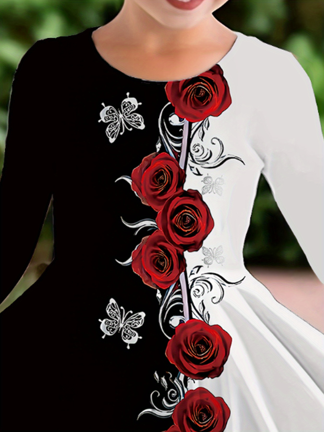 Elegant Black And White Style Girls' Dress with a Two-Tone Rose And Butterfly Pattern, Featuring Long Sleeves And a Flared Skirt. Perfect for Birthday Parties, Daily Wear, And Formal Occasions. A Great Gift for Holidays in Spring, Autumn - Image 3