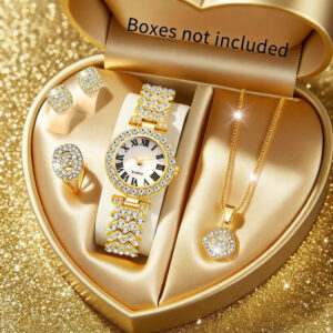 5pcs Elegant Women's & Jewelry Set - Roman Numeral Dial Quartz Wristwatch with Matching Rhinestone Necklace, Ring & Earrings - Alloy Case & - Complete Accessory Collection for Weddings, Parties, Daily Wear - Luxury Gift
