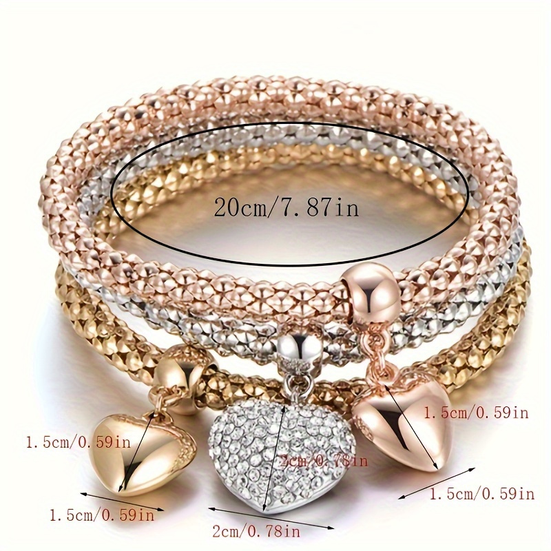 3pcs Set of Golden, Silvery, and Rose Golden Artificial Jade Rice Chain Bracelets, Tree of Life Heart-shaped Elastic Combination Bracelet, Women's Banquet Jewelry Gift - Image 5