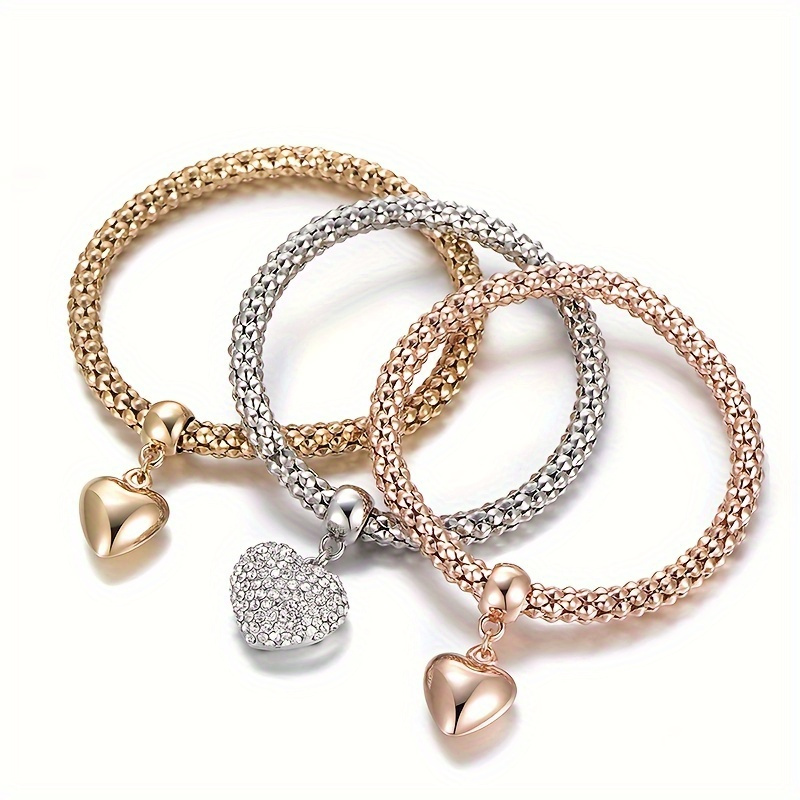 3pcs Set of Golden, Silvery, and Rose Golden Artificial Jade Rice Chain Bracelets, Tree of Life Heart-shaped Elastic Combination Bracelet, Women's Banquet Jewelry Gift - Image 4
