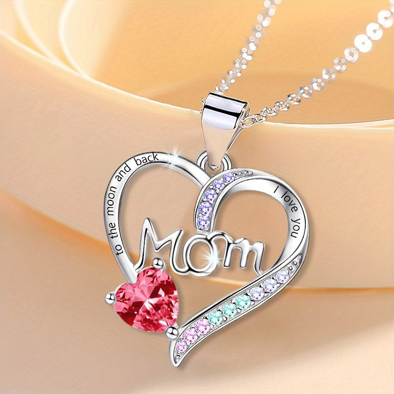 "I Love You Mom" Heart Pendant Necklace with Acrylic Accents, Alloy Chain, White K-Plated, Fashionable Jewelry Gift for Women Over 15 - Eternal Sparkle Collection