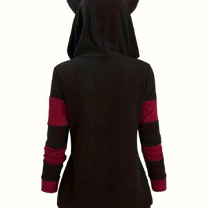 Color Block Zip-up Cat Hoodie Sweatshirt, Casual Long Sleeve Slant Pockets Waffle Slim Jacket For Fall & Winter, Women's Clothing