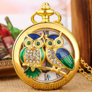 Charming Luxury Owl Golden Handicraft Artwork Hollow Quartz Pocket Watch Necklace Sweater Pendant Chain Clock