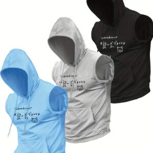 Three-Piece Set of New Summer Men'S Casual Sports Hooded Vest Tops, with Kangaroo Pocket Design, Knit Fabric, Cool and Comfortable, Quantum Mechanics Print Sleeveless Hooded Vest Tops, Multi-Pack, Easy to Wash, Suitable for Outdoor Activities and Boxing