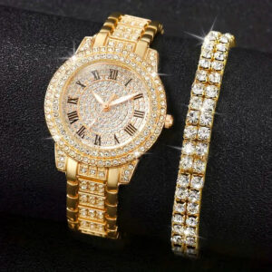 2pcs Set Elegant Alloy Rhinestone Roman Numeral Quartz Watches | Double Row Rhinestone Bracelet, Ideal Gift for Friends and Ladies