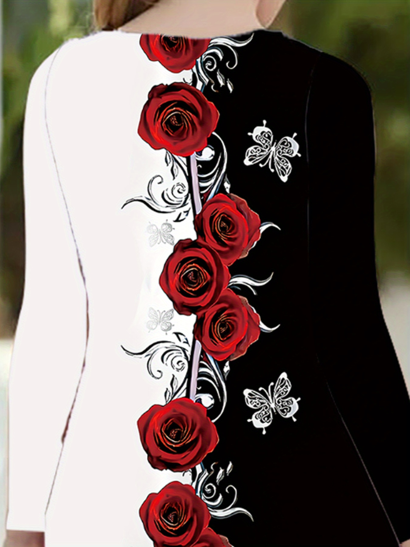 Elegant Black And White Style Girls' Dress with a Two-Tone Rose And Butterfly Pattern, Featuring Long Sleeves And a Flared Skirt. Perfect for Birthday Parties, Daily Wear, And Formal Occasions. A Great Gift for Holidays in Spring, Autumn - Image 4