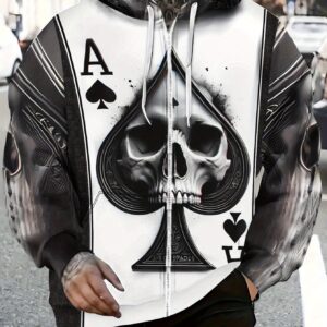 Men'S Ace of Spades Skull Graphic Hoodie - Black & White Print, Soft Polyester Zip-Up Pullover for Casual Wear, Outdoor Activities, and Daily Use, Hoodie for Winter, Autumn Fashion, Durable Fabric