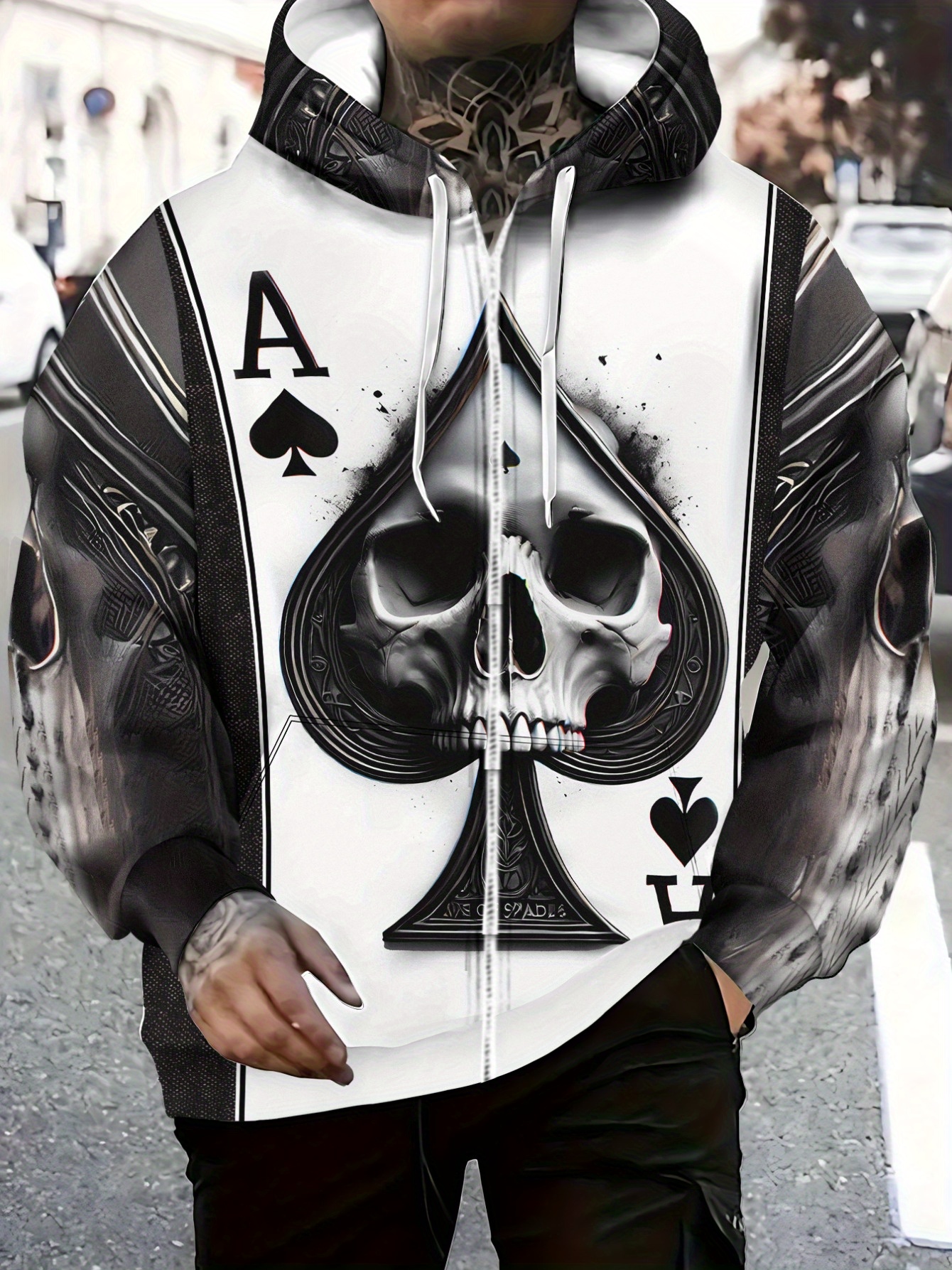 Men'S Ace of Spades Skull Graphic Hoodie - Black & White Print, Soft Polyester Zip-Up Pullover for Casual Wear, Outdoor Activities, and Daily Use, Hoodie for Winter, Autumn Fashion, Durable Fabric