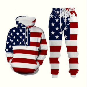 Men's Casual Hoodie Set with Flag Print - Thick, Warm Long Sleeve Pocket Hoodie and Loose Drawstring Pants for Spring