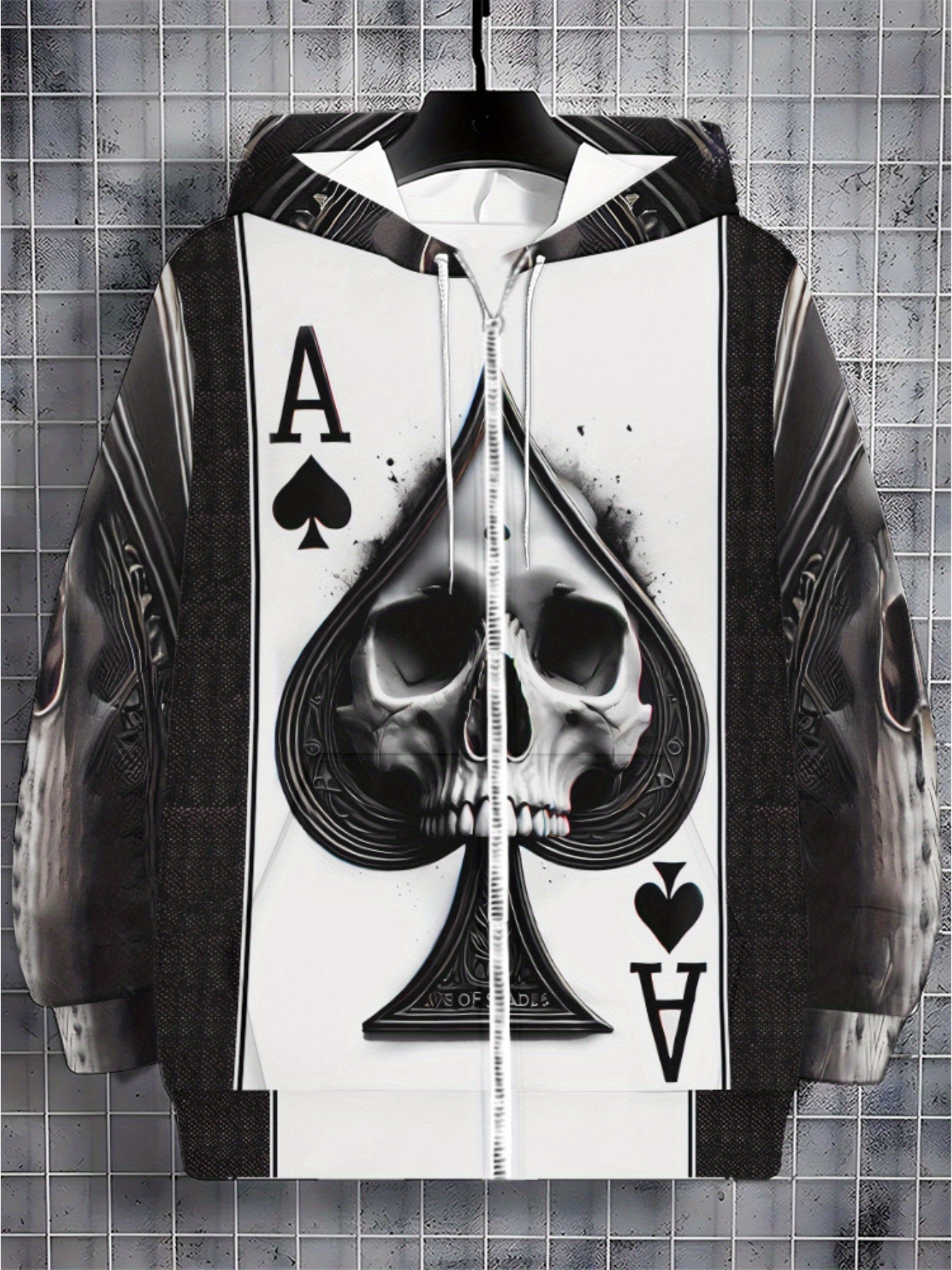 Men'S Ace of Spades Skull Graphic Hoodie - Black & White Print, Soft Polyester Zip-Up Pullover for Casual Wear, Outdoor Activities, and Daily Use, Hoodie for Winter, Autumn Fashion, Durable Fabric - Image 5