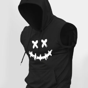 Men's Black Horror Icon Hooded Vest - Summer Sleeveless Jacket with Iconic White X-Eyes & Stitched Smile, Gothic Grim Reaper Costume Accessory, Casual Dark Theme Outfit for Halloween Parties & Outdoor Activities