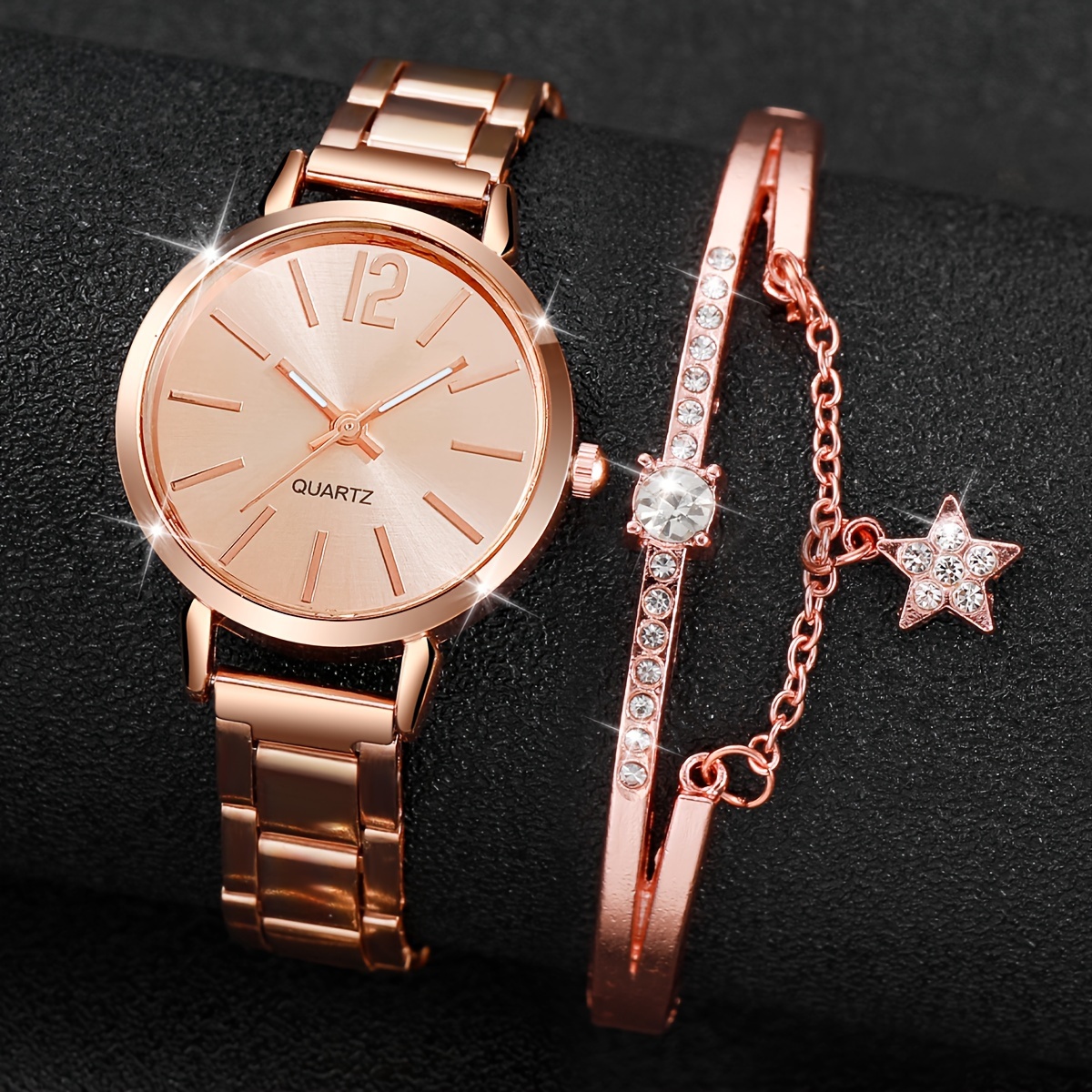 2pcs Women'S Golden-Tone Quartz Watch & Bracelet Set with Star Charm Dial, Analog Hands & -Accented Bracelet - Elegant Alloy Jewelry-Watch Combo, Quartz Movement, Battery-Powered (CR2030) for Everyday & Special Occasions - Image 4