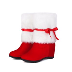 Women's Plus Size Red Plush Winter Boots with Bow - Slip-On Wedge Snow (No Laces/with Laces), Plush Round Toe & Sole, Warm Cozy Cute for Christmas Parties, Casual Wear - Winter Booties for Weather (Direct Shipping)