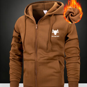 Men'S Heavy-Duty Thermal Hooded Jacket with Bull Print & Bull Horns - Full-Zip Winter Coat, Full-Zip Front Closure, Full-Zip Hooded Design, Machine Washable Cold Weather Outerwear For Hiking, Camping, Everyday - Ideal For Outdoor Activities & Casual