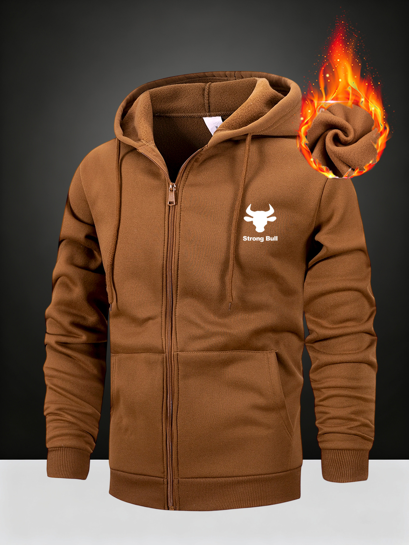 Men'S Heavy-Duty Thermal Hooded Jacket with Bull Print & Bull Horns - Full-Zip Winter Coat, Full-Zip Front Closure, Full-Zip Hooded Design, Machine Washable Cold Weather Outerwear For Hiking, Camping, Everyday - Ideal For Outdoor Activities & Casual