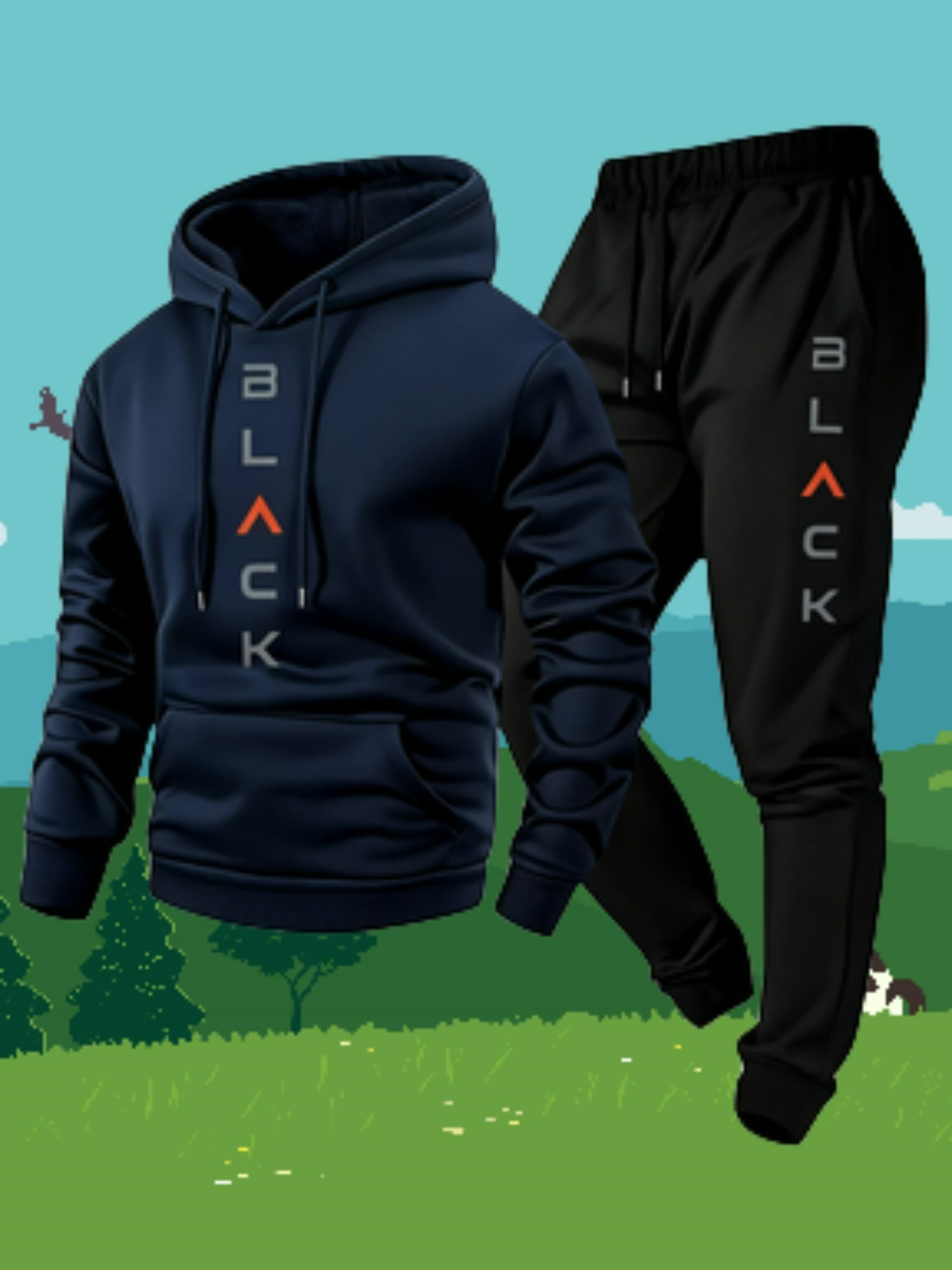 Halloween Special: Men'S Heavyweight 250G Sweatshirt And Fleece-Lined Sweatpants, a Two-Piece Sportswear Set Featuring a BLACK Letter Print Hoodie And Casual Street Fashion Drawstring Pants, a Trendy Brand That'S Versatile - Image 2