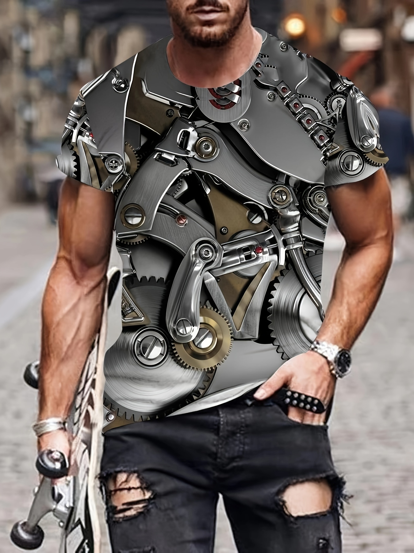 Men'S 3D Mechanical Gear Engine T-Shirt - Steampunk Style Interlocking Gears & Gears Print, Breathable Blend Fabric, Loose Fit Casual Crew Neck Short Sleeve, Lightweight & Machine Washable, Automotive & Engineering Enthusiast Apparel - Image 2