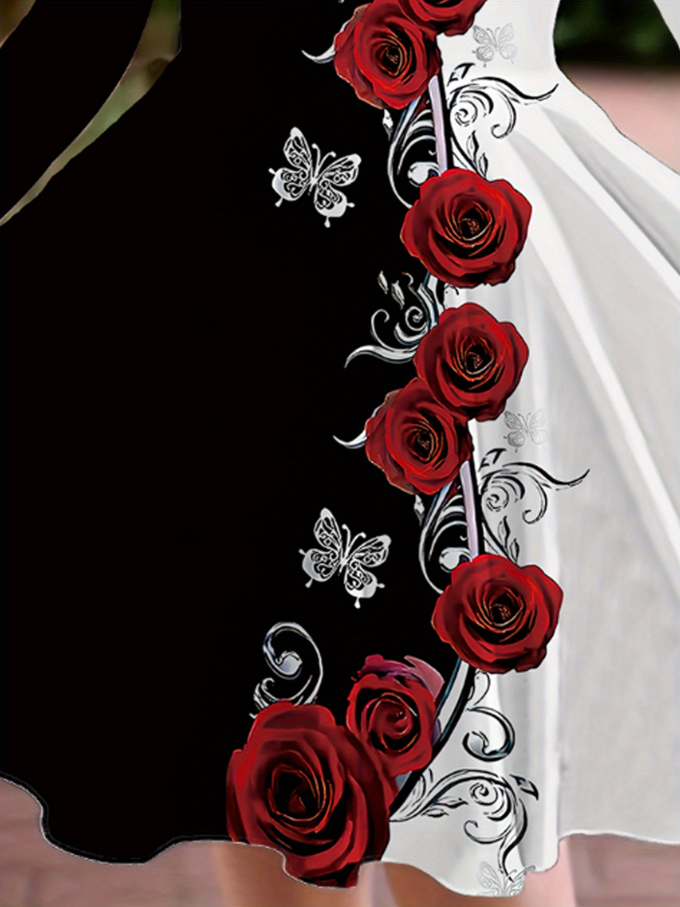 Elegant Black And White Style Girls' Dress with a Two-Tone Rose And Butterfly Pattern, Featuring Long Sleeves And a Flared Skirt. Perfect for Birthday Parties, Daily Wear, And Formal Occasions. A Great Gift for Holidays in Spring, Autumn - Image 5