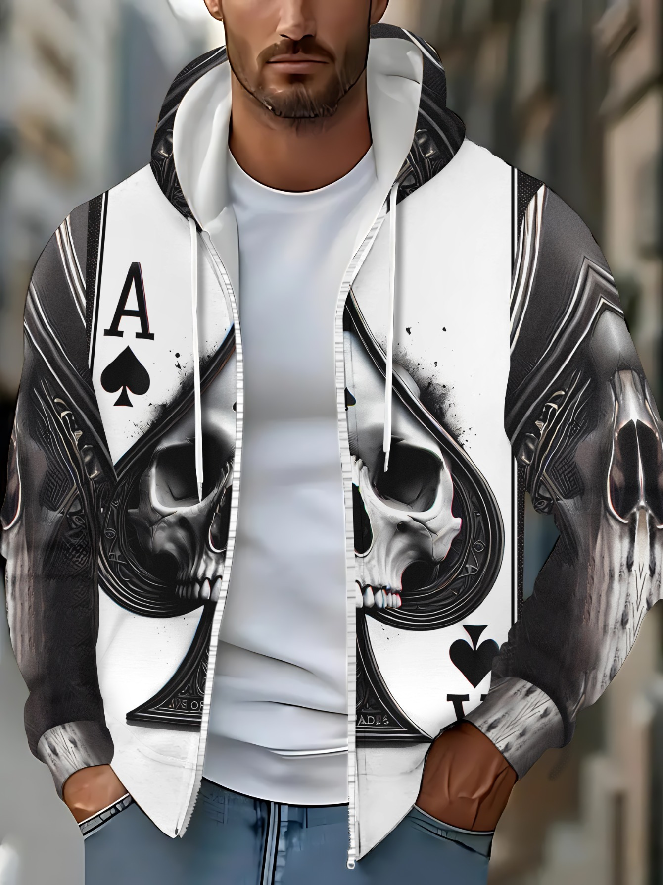 Men'S Ace of Spades Skull Graphic Hoodie - Black & White Print, Soft Polyester Zip-Up Pullover for Casual Wear, Outdoor Activities, and Daily Use, Hoodie for Winter, Autumn Fashion, Durable Fabric - Image 2