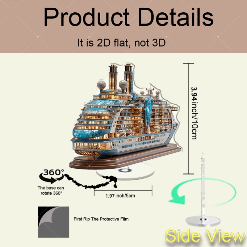2D Flat, 2D Flat Cruise Ship Model with Rotating Base - 360° Spinning Display Suitable for Home/Office, Nautical Replica with Open Cabins & Indoor/Outdoor Decoration, Ideal for Maritime Enthusiasts & Cruise Collectors, 2D Flat - Image 3