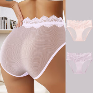 QUASTI Women's 2pcs Underwear Full Briefs - Low-Rise Solid Color (White/Pink) Lace Trim Bikini-like Top & Bottoms, Soft Breathable Minimalist Elegant Low-Rise Panties for Year-Round Wear, Daily Use, Vacations (No Visible Lines)