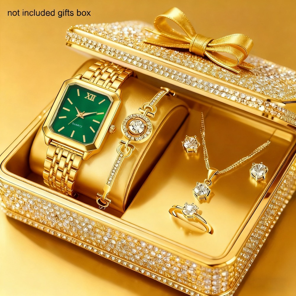 6pcs/ Set Women Watches Set & 5pcs Luxury Jewelry For Women Set, Bracelet, Necklace, Aretes Para Nina, Ring, Golden & Silvery Elegant Women Watche Set, Quartz Movement, Perfect For Valentine'S Day Christmas Birthday Gifts For Women, Reloj De Mujer.