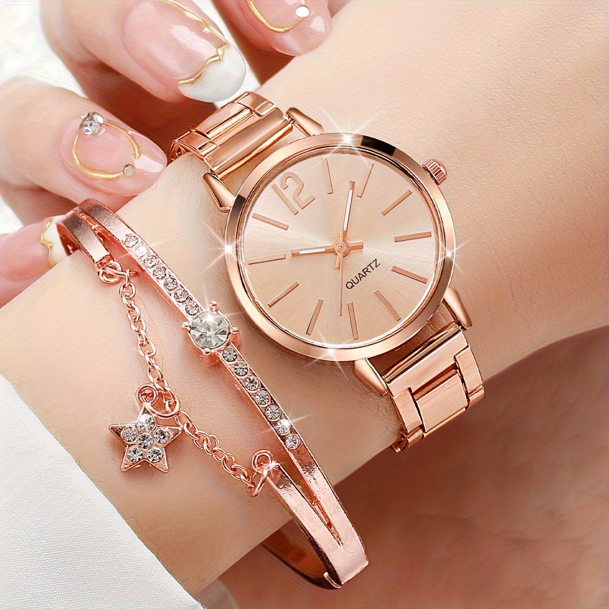 2pcs Women'S Golden-Tone Quartz Watch & Bracelet Set with Star Charm Dial, Analog Hands & -Accented Bracelet - Elegant Alloy Jewelry-Watch Combo, Quartz Movement, Battery-Powered (CR2030) for Everyday & Special Occasions - Image 3