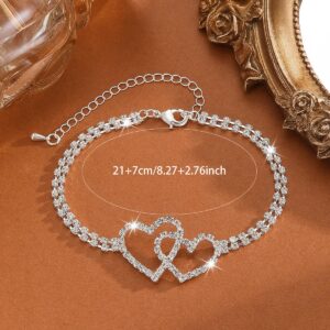 1pc Women'S Elegant Rhinestone-Adorned Double Heart-Shaped Anklet - Sparkling Rhinestone & Copper Plated, Perfect for Daily Wear, Weddings, Parties
