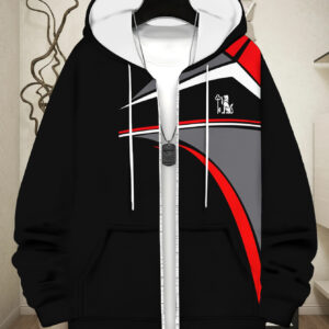 Polyester Hoodie for Restaurant Use, Black with Red and Gray Stripes, Lightweight and Durable Design, Perfect for Indoor Activities, Comfortable Fit, Stylish and Modern Look, Ideal for Casual Wear, Enhances Appearance, Easy to Clean