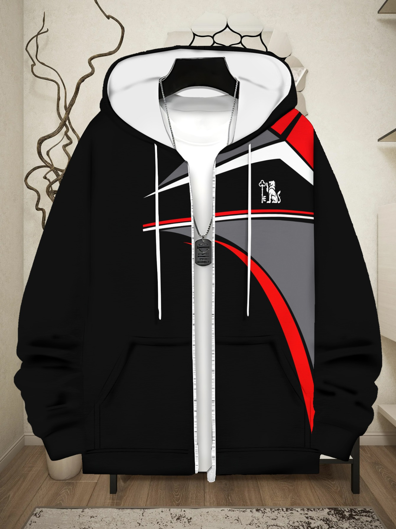 Polyester Hoodie for Restaurant Use, Black with Red and Gray Stripes, Lightweight and Durable Design, Perfect for Indoor Activities, Comfortable Fit, Stylish and Modern Look, Ideal for Casual Wear, Enhances Appearance, Easy to Clean