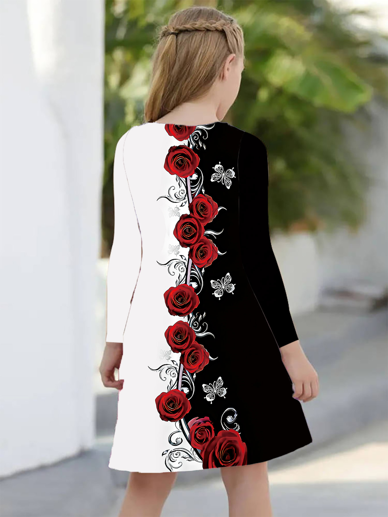 Elegant Black And White Style Girls' Dress with a Two-Tone Rose And Butterfly Pattern, Featuring Long Sleeves And a Flared Skirt. Perfect for Birthday Parties, Daily Wear, And Formal Occasions. A Great Gift for Holidays in Spring, Autumn - Image 2