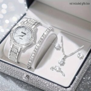 6pcs/ Set Elegant Ladies' Quartz Wrist Watch & Shiny Versatile Rhinestone Jewelry Set - Perfect Gift for Girlfriend, Valentine's Day, Graduation, Ramadan, Friends, Mother's Birthday, Suitable for All Occasions, Elegant Style