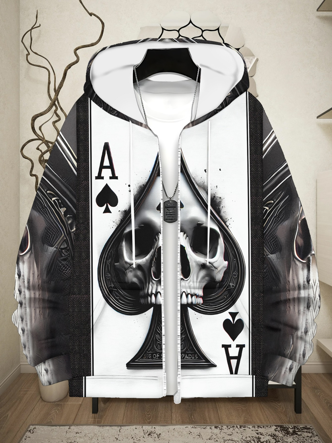 Men'S Ace of Spades Skull Graphic Hoodie - Black & White Print, Soft Polyester Zip-Up Pullover for Casual Wear, Outdoor Activities, and Daily Use, Hoodie for Winter, Autumn Fashion, Durable Fabric - Image 4