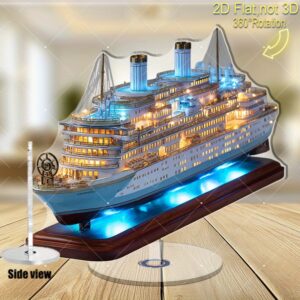 2D Flat, 360° Rotating Acrylic Model Cruise Ship with Illuminated Windows & Sea Elements - 2D Flat Design, No Electricity Needed, Tabletop Decoration for Home Office, Cruise Ship Decorations