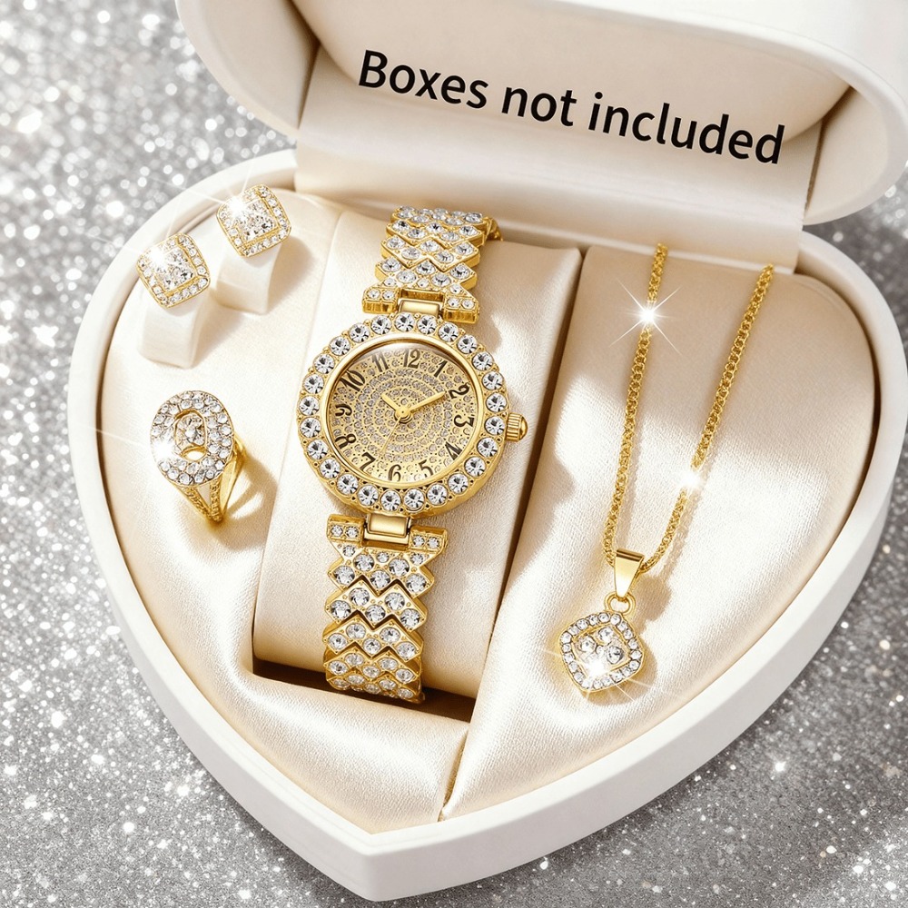 5pcs Women's Elegant Watch & Jewelry Set - Glamorous Stainless Round Analog Wristwatch with Matching Bracelet, Quartz Movement Timepiece Suitable for Wedding, Birthday, Valentine's Gift for Her - Image 2