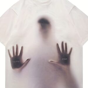 Men'S Plus Size 3D Digital Abstract Character & "SAVE ME" Graphic T-Shirt - Print on, Round Neck Short Sleeve Casual Streetwear Top, Breathable Summer Tee with Edgy Design for Casual Attire & Statement Outfits, Urban Style, Trendy Fashion