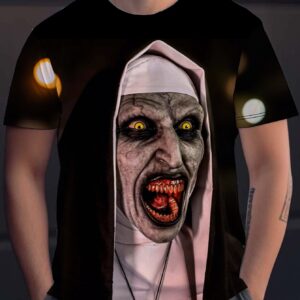 Men's Halloween Nun Horror T-Shirt- 3D Digital Graphic Print, Crew Neck Short Sleeve, Washable, Summer and Halloween Costume Regular Fit Casual T-Shirt, PLUS SIZE