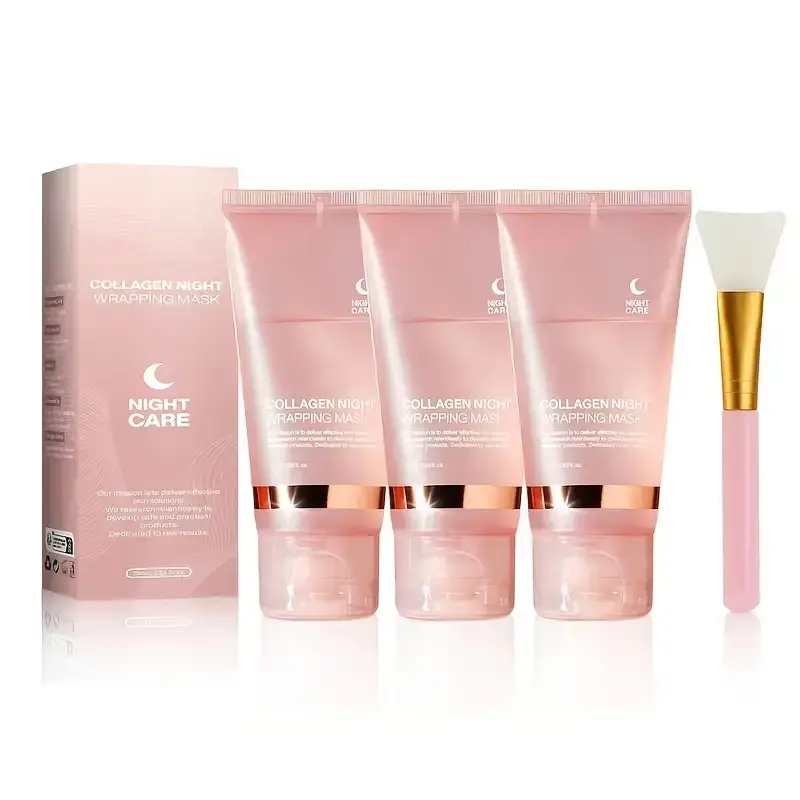 3 Boxes Collagen Night Wrapping Mask, Overnight Face Mask with Brush, Hydrating & Elasticity Light Beige Care, Off Sleeping Mask for All Light Beige Types, Sensitive Light Beige - Image 6