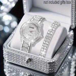 3pcs/ Set Elegant Ladies' Quartz Wrist Watch & Shiny Versatile Rhinestone Bracelet - Perfect Gift for Girlfriend, Valentine's Day, Graduation, Ramadan, Friends, Mother's Birthday, Suitable for All Occasions, Elegant Style