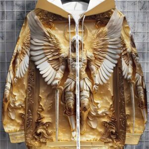 Men's long sleeved zipper cap sportswearGolden Angel Print Hoodie for Living Room Wear, Durable Fabric, Lightweight and Comfortable, Stylish Design with Detailed Artwork, Perfect for Casual Outfits and Daily Use, Warm and Cozy Sweatshirt
