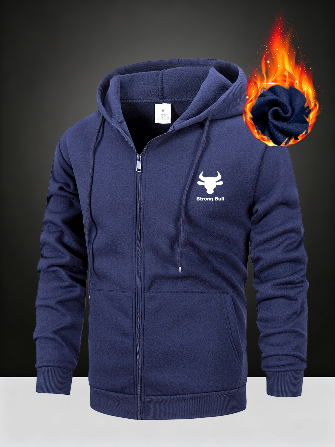 Men'S Heavy-Duty Thermal Hooded Jacket with Bull Print & Bull Horns - Full-Zip Winter Coat, Full-Zip Front Closure, Full-Zip Hooded Design, Machine Washable Cold Weather Outerwear For Hiking, Camping, Everyday - Ideal For Outdoor Activities & Casual - Image 2