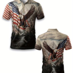 Men's Fashionable Short Sleeved Shirt with Bald Eagle and Flag Pattern Print Design, Lightweight and Breathable, Suitable for Casual Wear by Adults and Teenagers