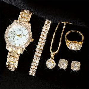 6pcs Women's Luxury Rhinestone Watch & Jewelry Set - Golden-Tone Stainless Quartz Watch with Analog Display, Second Hand, Interlocking Link Bracelet, Earrings, Ring & Matching Necklace - Elegant, Perfect for Birthdays, Anniversaries, Holidays - Stylish & Functional Everyday or Special Occasion Jewelry Collection