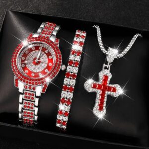 3pcs Luxury Women's Watch & Jewelry Set - Vintage Roman Numeral Quartz Watch with Rhinestone Cross Pendant Necklace & Bracelet, Alloy Case & - Elegant,, Prom - Suitable for Weddings, Parties, Daily Wear